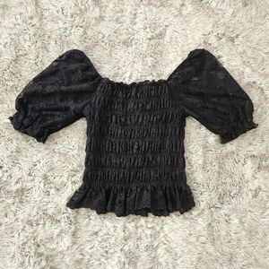 Willow + Root Puff Sleeve Smocked Bodice Ruffle Trim Black‎ Lace Top Size Small